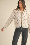  Long Sleeve Front Tie Bow Embroidered Quilted Sherpa Jacket Cream