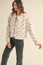  Long Sleeve Front Tie Bow Embroidered Quilted Sherpa Jacket Cream