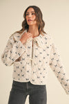  Long Sleeve Front Tie Bow Embroidered Quilted Sherpa Jacket Cream