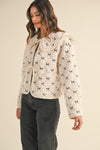  Long Sleeve Front Tie Bow Embroidered Quilted Sherpa Jacket Cream