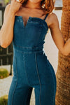 Sleeveless Wide Leg Denim Jumpsuit Dark Wash