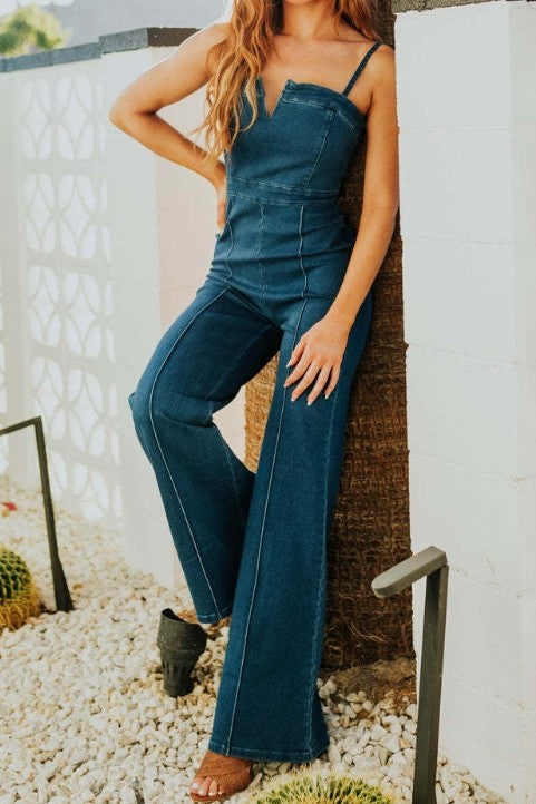 Sleeveless Wide Leg Denim Jumpsuit Dark Wash