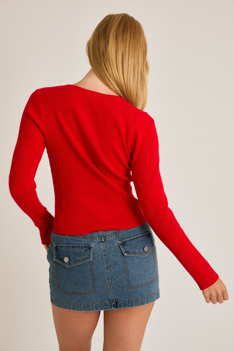 Sheri Long Sleeve Bow Tie Sweater Top Red