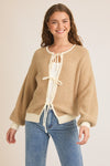 Long Sleeve Front Tie Knit Cardigan Taupe