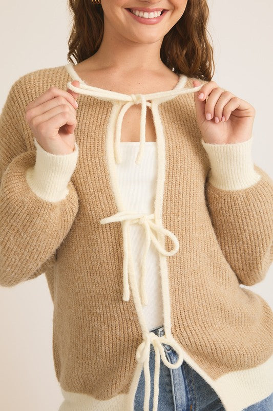 Long Sleeve Front Tie Knit Cardigan Taupe