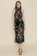 Sleeveless Mock Neck Velvet Floral Print Midi Dress Green