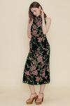 Sleeveless Mock Neck Velvet Floral Print Midi Dress Green