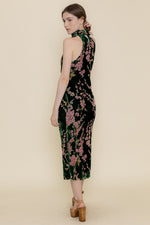 Sleeveless Mock Neck Velvet Floral Print Midi Dress Green