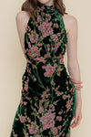 Sleeveless Mock Neck Velvet Floral Print Midi Dress Green