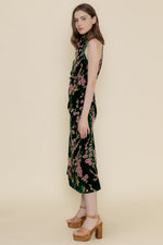 Sleeveless Mock Neck Velvet Floral Print Midi Dress Green