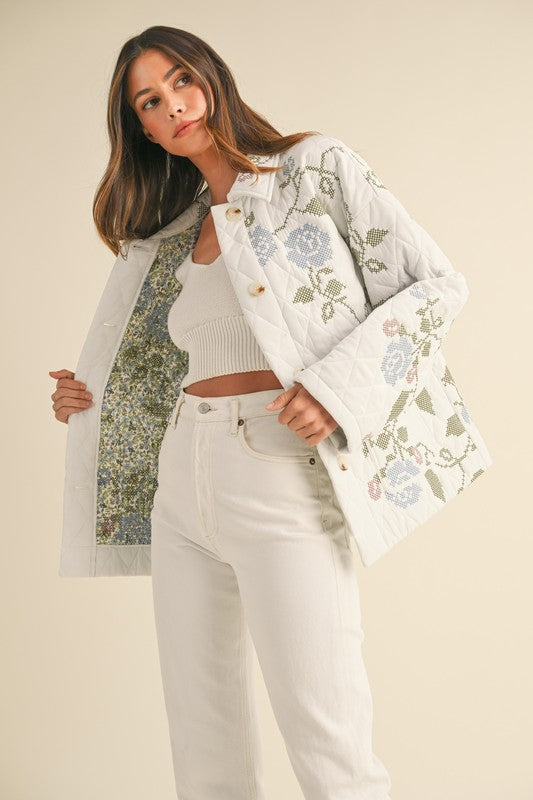  Long Sleeve Floral Embroidered Quilted Jacket White