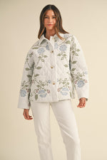  Long Sleeve Floral Embroidered Quilted Jacket White