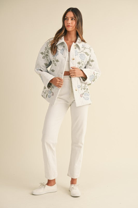  Long Sleeve Floral Embroidered Quilted Jacket White