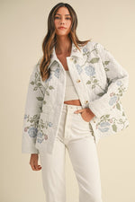  Long Sleeve Floral Embroidered Quilted Jacket White