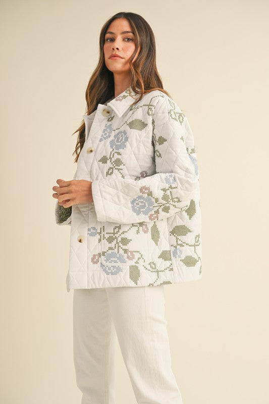  Long Sleeve Floral Embroidered Quilted Jacket White