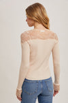 Long Sleeve Lace Trim Button Down Top Beige