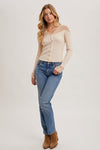 Long Sleeve Lace Trim Button Down Top Beige