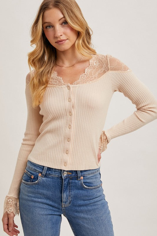 Long Sleeve Lace Trim Button Down Top Beige