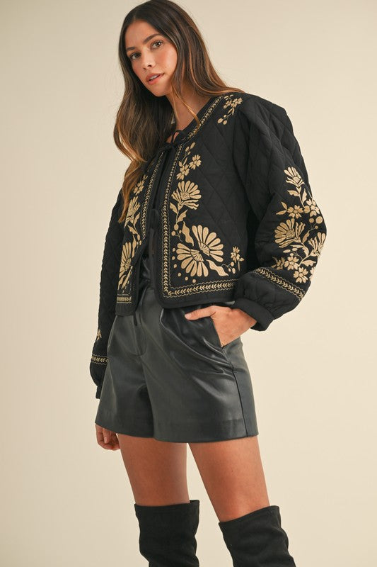 Long Sleeve Floral Embroidered Front Tie Quilted Jacket Black