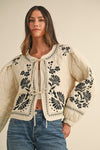 Long Sleeve Floral Embroidered Front Tie Quilted Jacket Ivory