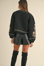 Long Sleeve Floral Embroidered Front Tie Quilted Jacket Black