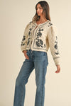 Long Sleeve Floral Embroidered Front Tie Quilted Jacket Ivory