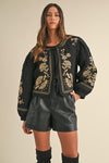 Long Sleeve Floral Embroidered Front Tie Quilted Jacket Black