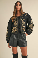 Long Sleeve Floral Embroidered Front Tie Quilted Jacket Black