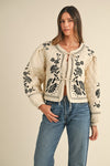 Long Sleeve Floral Embroidered Front Tie Quilted Jacket Ivory