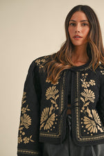 Long Sleeve Floral Embroidered Front Tie Quilted Jacket Black