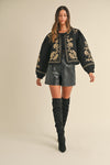 Long Sleeve Floral Embroidered Front Tie Quilted Jacket Black