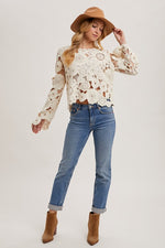  Long Bell Sleeve Crochet Top Ivory