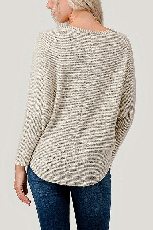 Long Dolman Sleeve Striped Ribbed Top Ivory