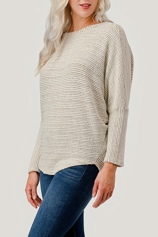 Long Dolman Sleeve Striped Ribbed Top Ivory