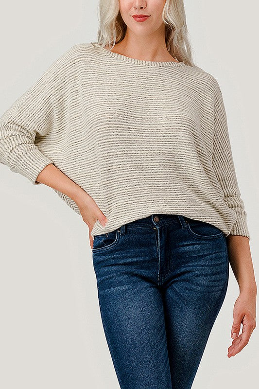 Long Dolman Sleeve Striped Ribbed Top Ivory