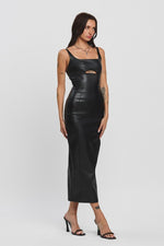 Sleeveless Vegan Leather Chest Cut Out Midi Dress Black