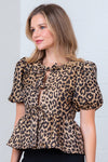 Short Puff Sleeve Leopard Print Bow Tie Peplum Top Brown