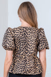 Short Puff Sleeve Leopard Print Bow Tie Peplum Top Brown