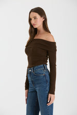 Long Sleeve Off The Shoulder Sweater Top Brown