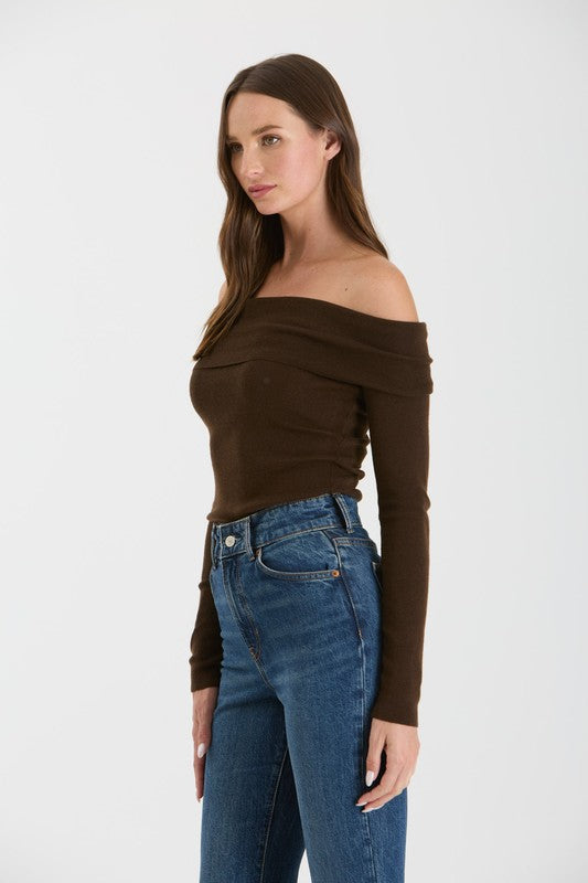 Long Sleeve Off The Shoulder Sweater Top Brown