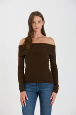 Long Sleeve Off The Shoulder Sweater Top Brown