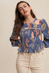 Long Sleeve Floral Print Smocked Top Blue