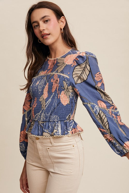 Long Sleeve Floral Print Smocked Top Blue