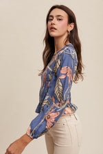 Long Sleeve Floral Print Smocked Top Blue