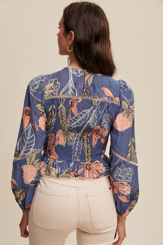 Long Sleeve Floral Print Smocked Top Blue