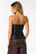  Sleeveless Vegan Leather Ruched Tube Top Black