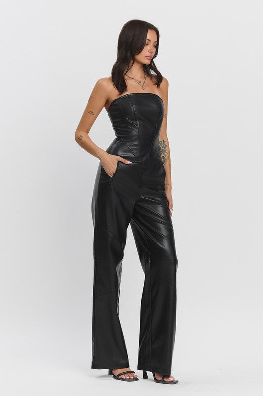 Sleeveless Vegan Leather Wide Leg Jumpsuit Black