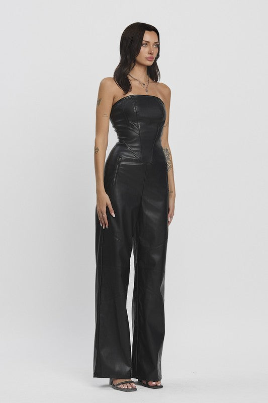 Sleeveless Vegan Leather Wide Leg Jumpsuit Black