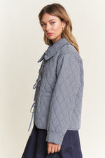 Long Sleeve Front Tie Plaid Quilted Jacket Black