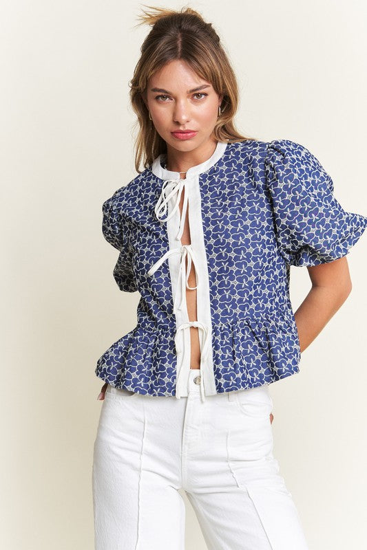 Short Sleeve Bow Tie Embroidered Denim Babydoll Top Blue